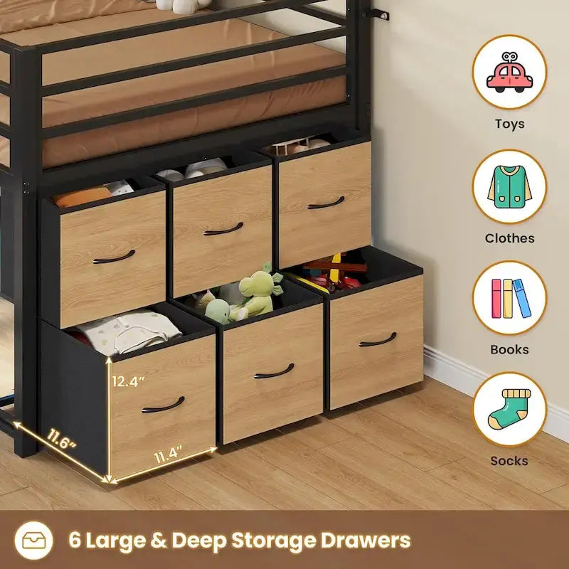 Cama baja tipo loft individual con 6 cajones de almacenamiento de tela y luces LED