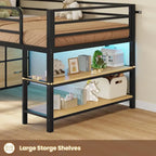 Cama baja tipo loft individual con 6 cajones de almacenamiento de tela y luces LED