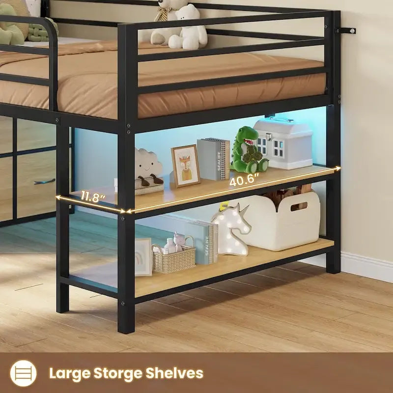 Cama baja tipo loft individual con 6 cajones de almacenamiento de tela y luces LED
