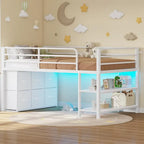 Cama baja tipo loft individual con 6 cajones de almacenamiento de tela y luces LED