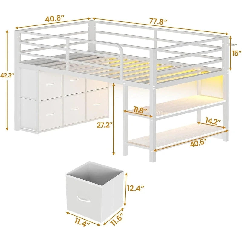 Cama baja tipo loft individual con 6 cajones de almacenamiento de tela y luces LED