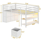Cama baja tipo loft individual con 6 cajones de almacenamiento de tela y luces LED