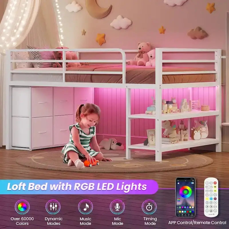 Cama baja tipo loft individual con 6 cajones de almacenamiento de tela y luces LED