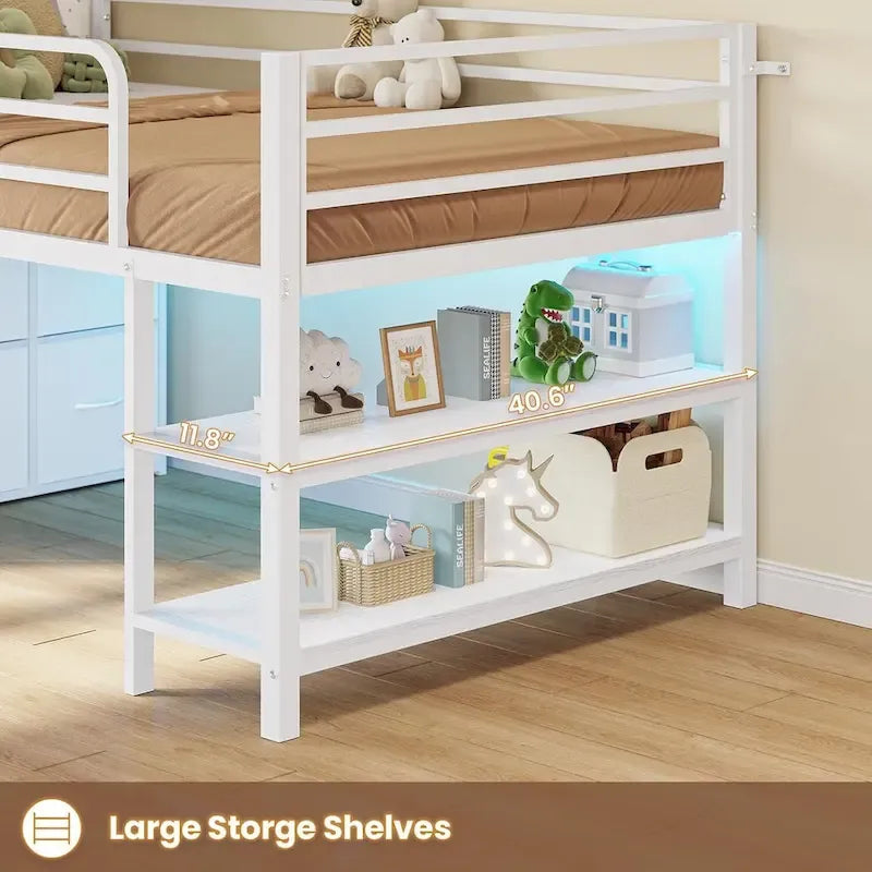 Cama baja tipo loft individual con 6 cajones de almacenamiento de tela y luces LED