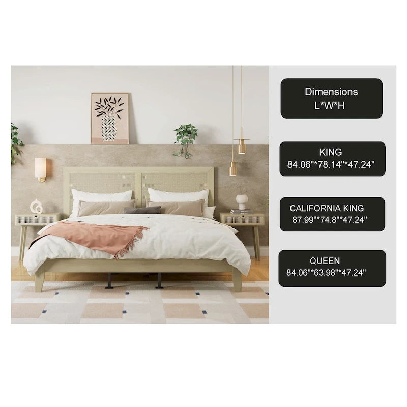 Cama King de plataforma de madera maciza con ratán