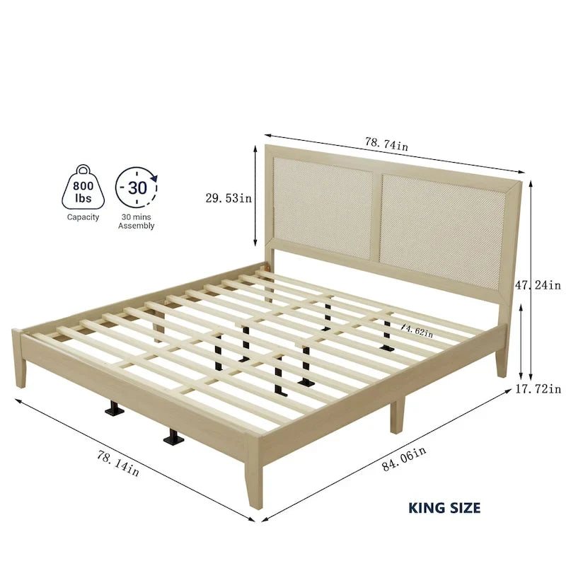 Cama King de plataforma de madera maciza con ratán