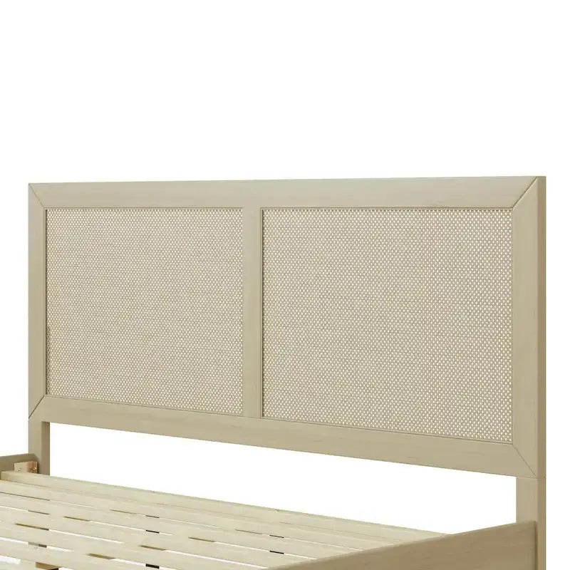 Cama King de plataforma de madera maciza con ratán