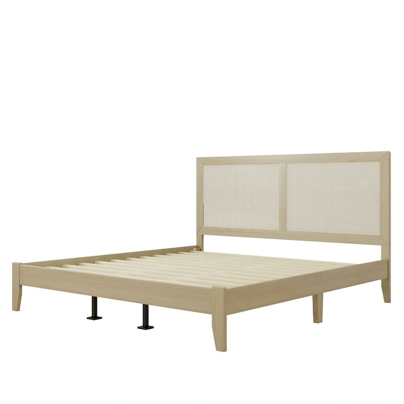 Cama King de plataforma de madera maciza con ratán