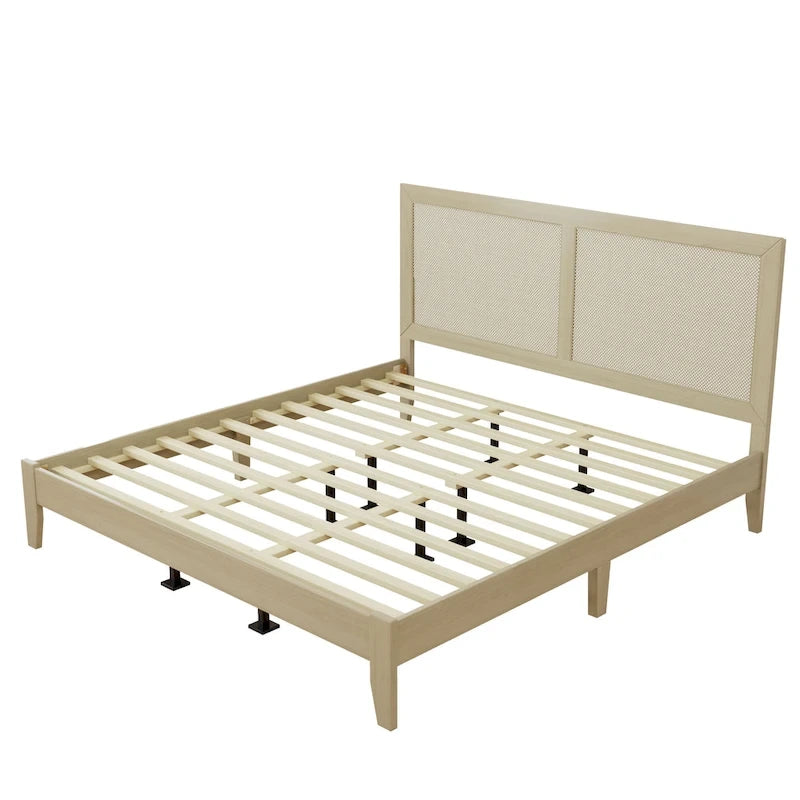 Cama King de plataforma de madera maciza con ratán