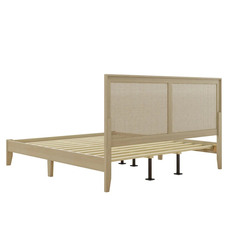 Cama King de plataforma de madera maciza con ratán