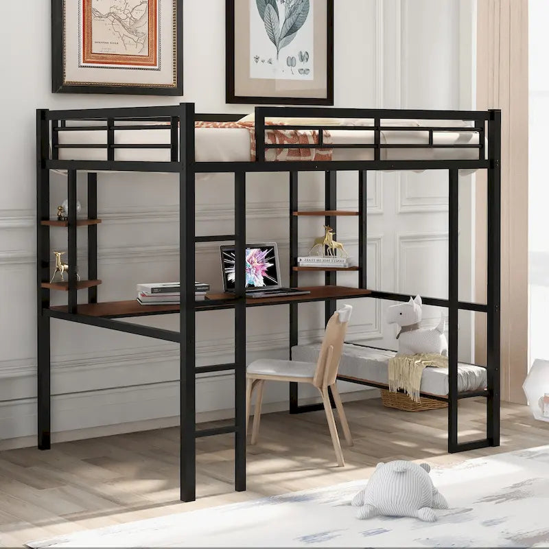 Cama alta de metal negra de tamaño completo con escritorio largo para niños y niñas