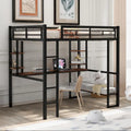 Cama alta de metal negra de tamaño completo con escritorio largo para niños y niñas