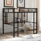 Cama alta de metal negra de tamaño completo con escritorio largo para niños y niñas