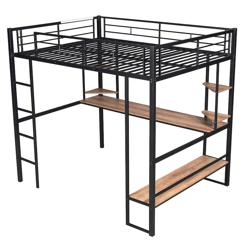 Cama alta de metal negra de tamaño completo con escritorio largo para niños y niñas