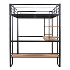 Cama alta de metal negra de tamaño completo con escritorio largo para niños y niñas