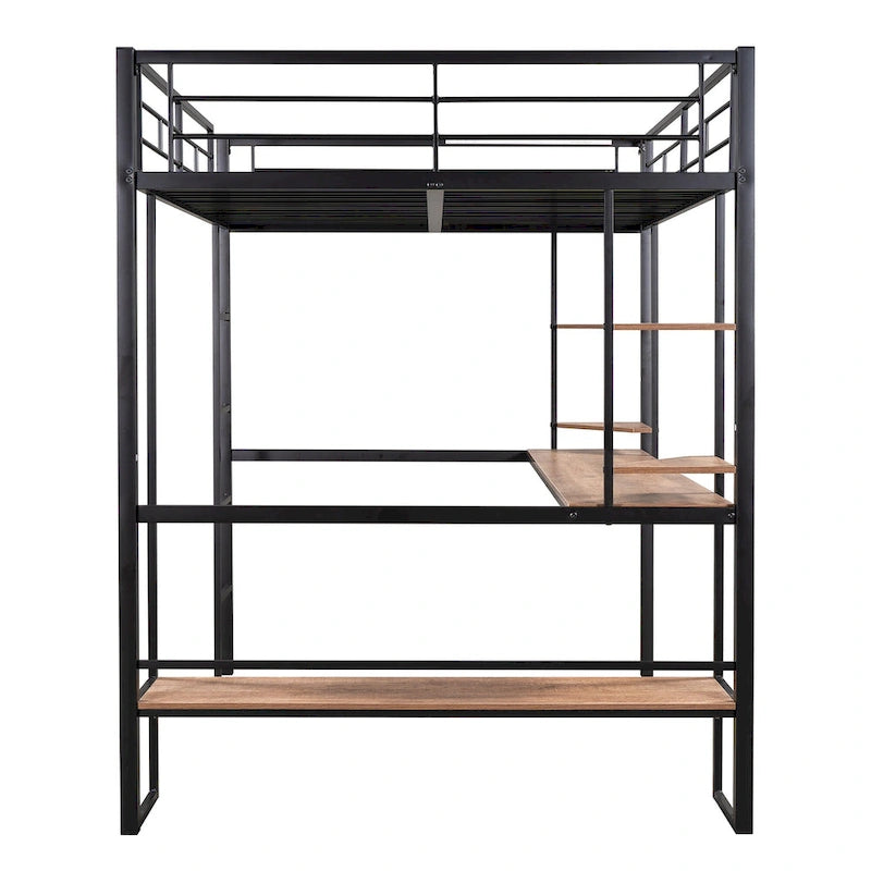 Cama alta de metal negra de tamaño completo con escritorio largo para niños y niñas