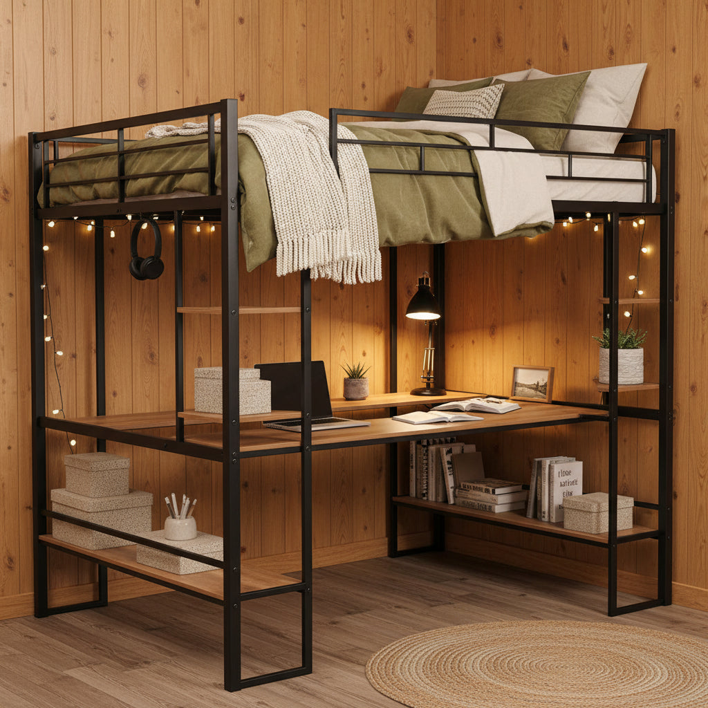 Cama alta de metal negra de tamaño completo con escritorio largo para niños y niñas