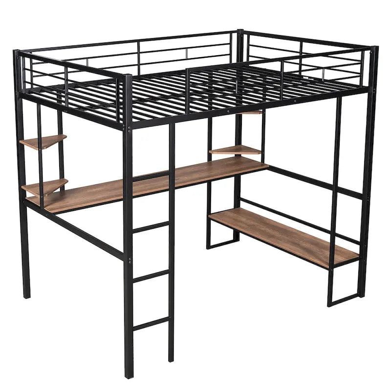 Cama alta de metal negra de tamaño completo con escritorio largo para niños y niñas