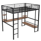 Cama alta de metal negra de tamaño completo con escritorio largo para niños y niñas