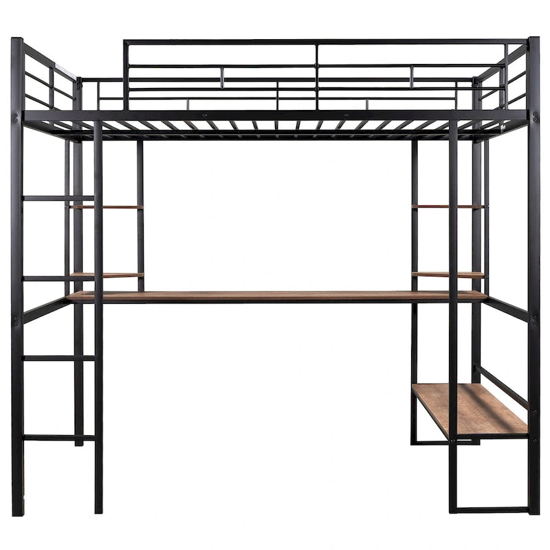 Cama alta de metal negra de tamaño completo con escritorio largo para niños y niñas