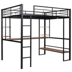 Cama alta de metal negra de tamaño completo con escritorio largo para niños y niñas