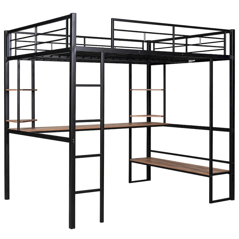 Cama alta de metal negra de tamaño completo con escritorio largo para niños y niñas