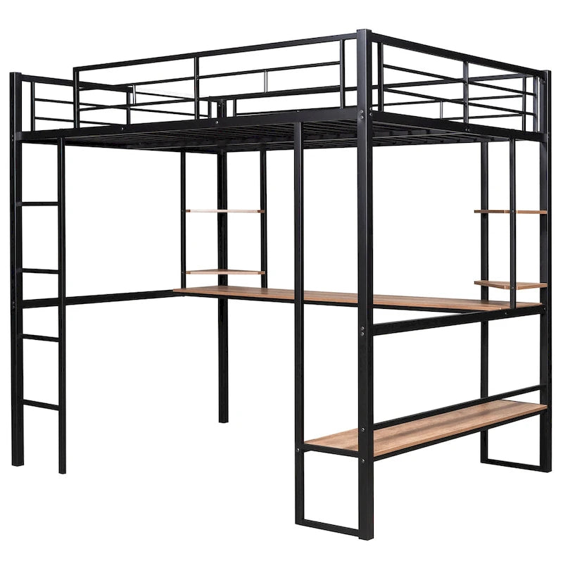 Cama alta de metal negra de tamaño completo con escritorio largo para niños y niñas