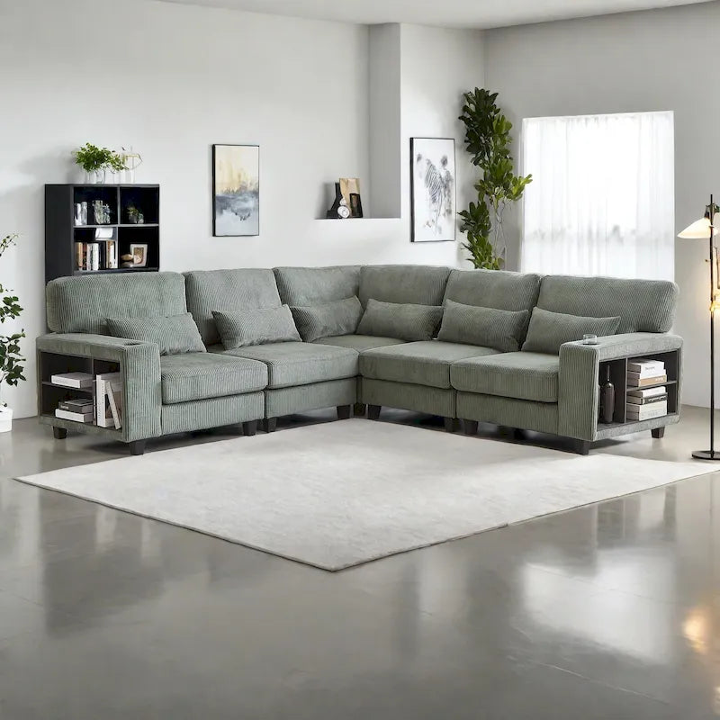 102.75 Sofá seccional modular en forma de L de pana con almacenamiento y portavasos
