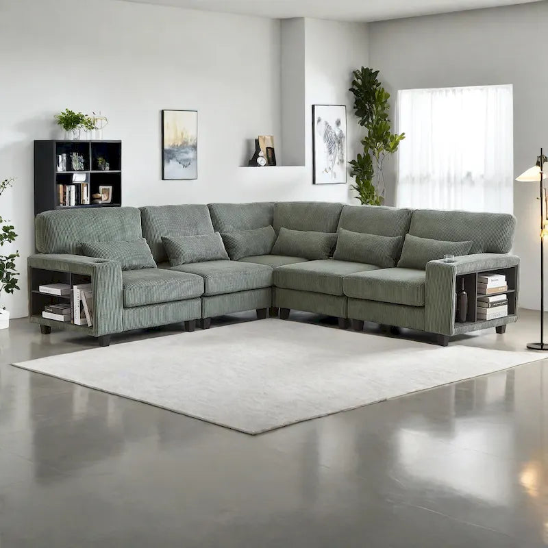 102.75 Sofá seccional modular en forma de L de pana con almacenamiento y portavasos