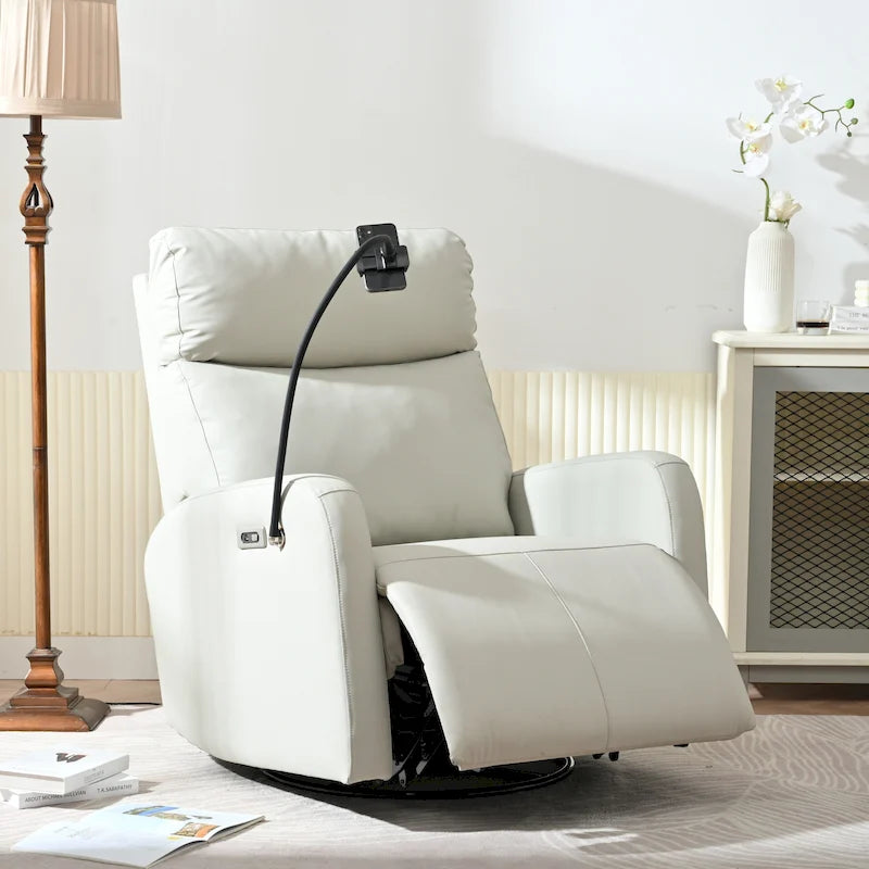 Sillón Reclinable Eléctrico Gris con Giro, Puertos USB y Reposapiés Ajustable