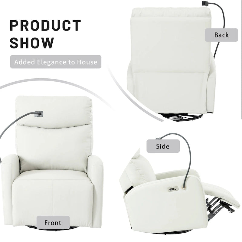 Sillón Reclinable Eléctrico Gris con Giro, Puertos USB y Reposapiés Ajustable