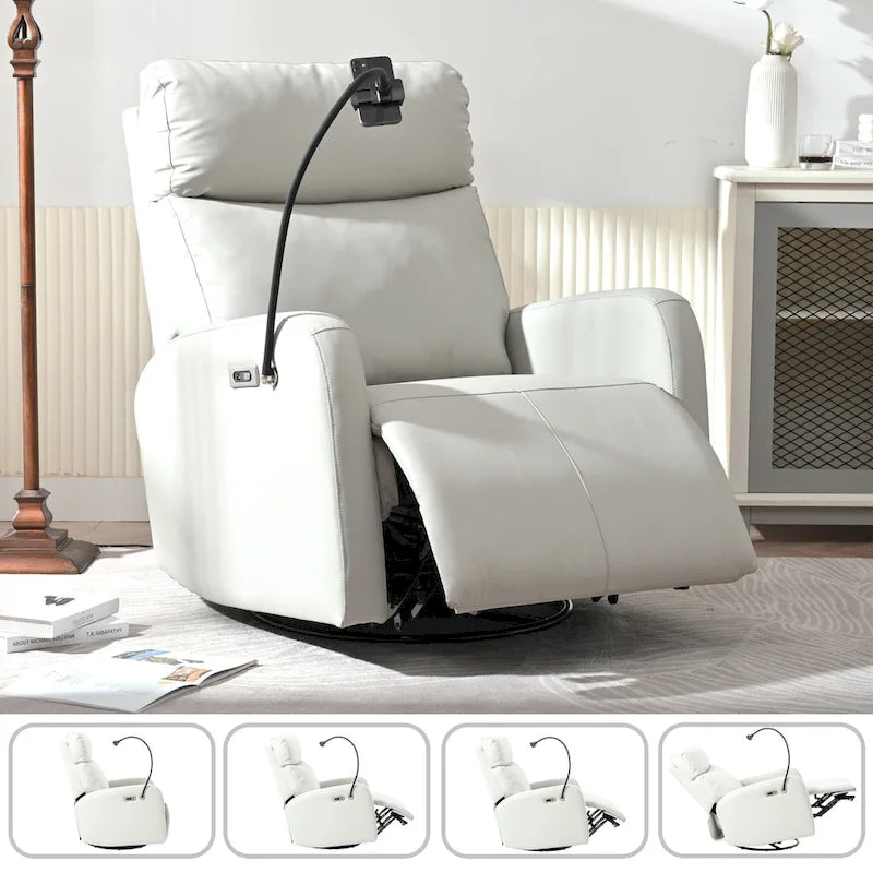 Sillón Reclinable Eléctrico Gris con Giro, Puertos USB y Reposapiés Ajustable