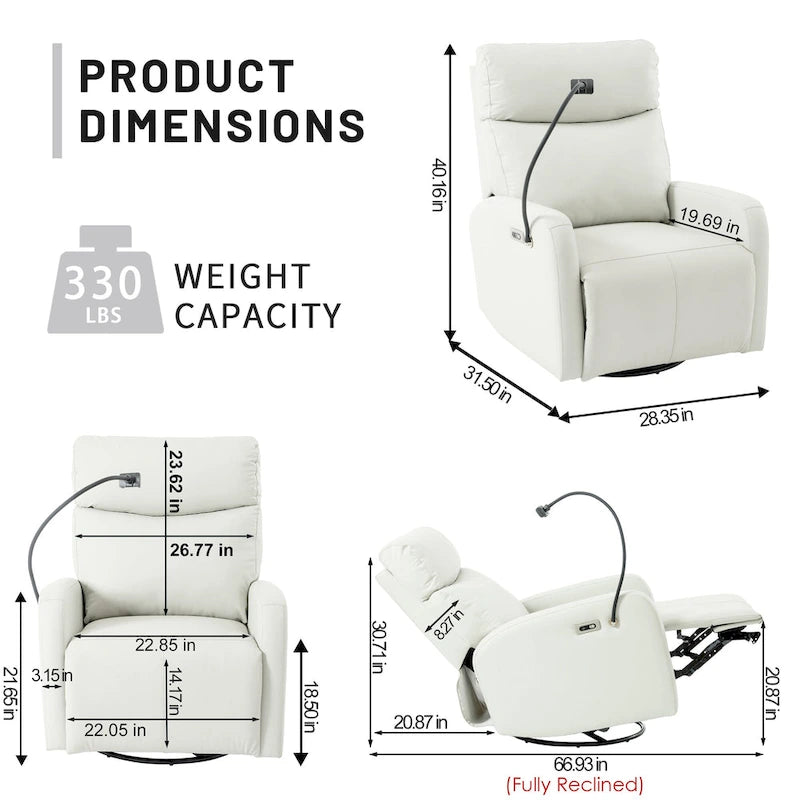 Sillón Reclinable Eléctrico Gris con Giro, Puertos USB y Reposapiés Ajustable