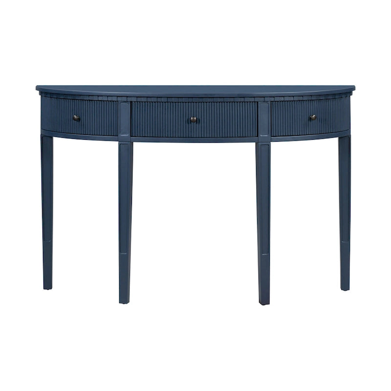 51.1 Mesa de consola curvada moderna con frentes de cajón de rayas verticales para entrada, pasillo, sala de estar