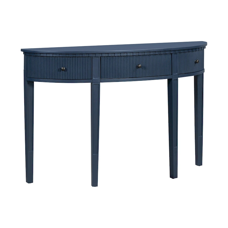 51.1 Mesa de consola curvada moderna con frentes de cajón de rayas verticales para entrada, pasillo, sala de estar