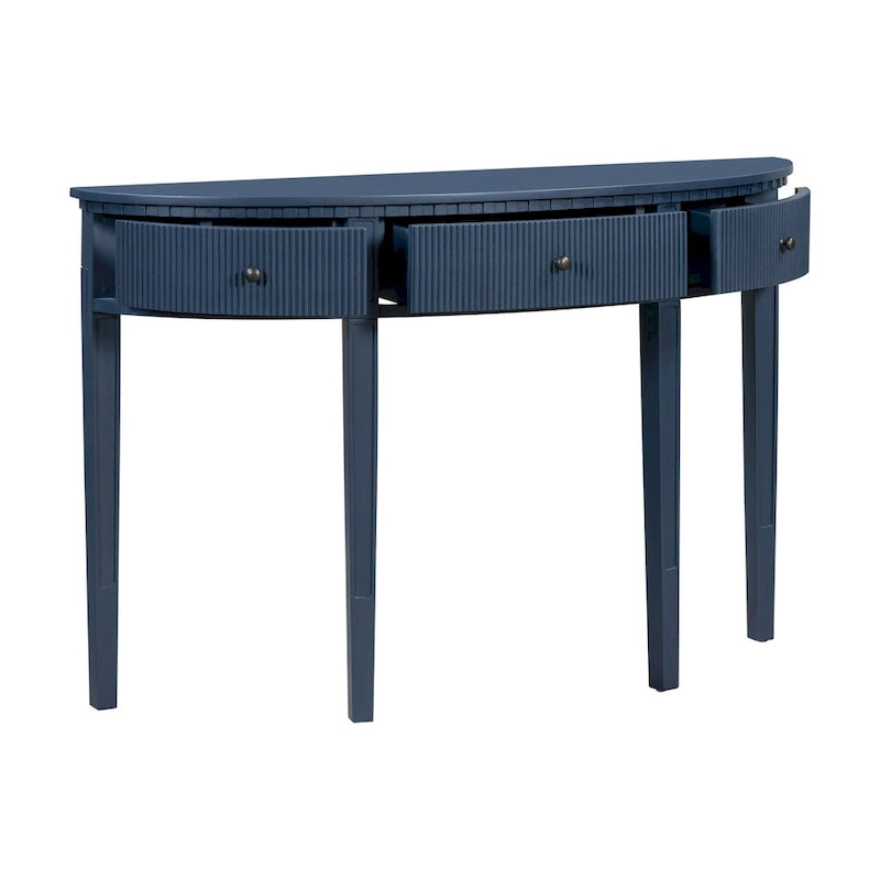 51.1 Mesa de consola curvada moderna con frentes de cajón de rayas verticales para entrada, pasillo, sala de estar