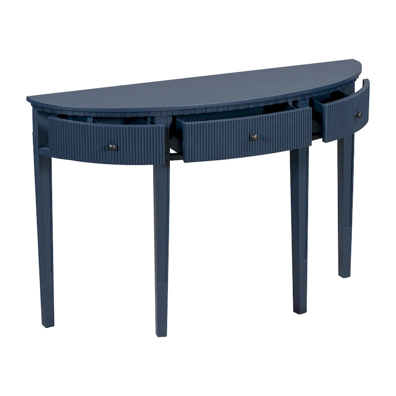 51.1 Mesa de consola curvada moderna con frentes de cajón de rayas verticales para entrada, pasillo, sala de estar
