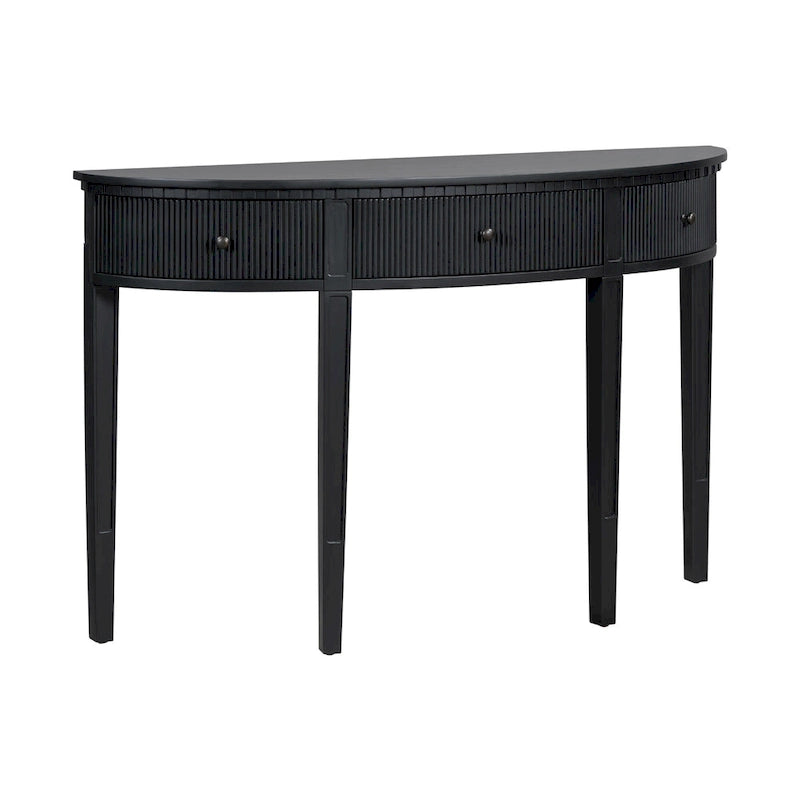 51.1 Mesa de consola curvada moderna con frentes de cajón de rayas verticales para entrada, pasillo, sala de estar