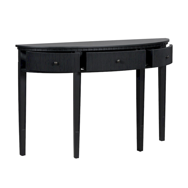 51.1 Mesa de consola curvada moderna con frentes de cajón de rayas verticales para entrada, pasillo, sala de estar