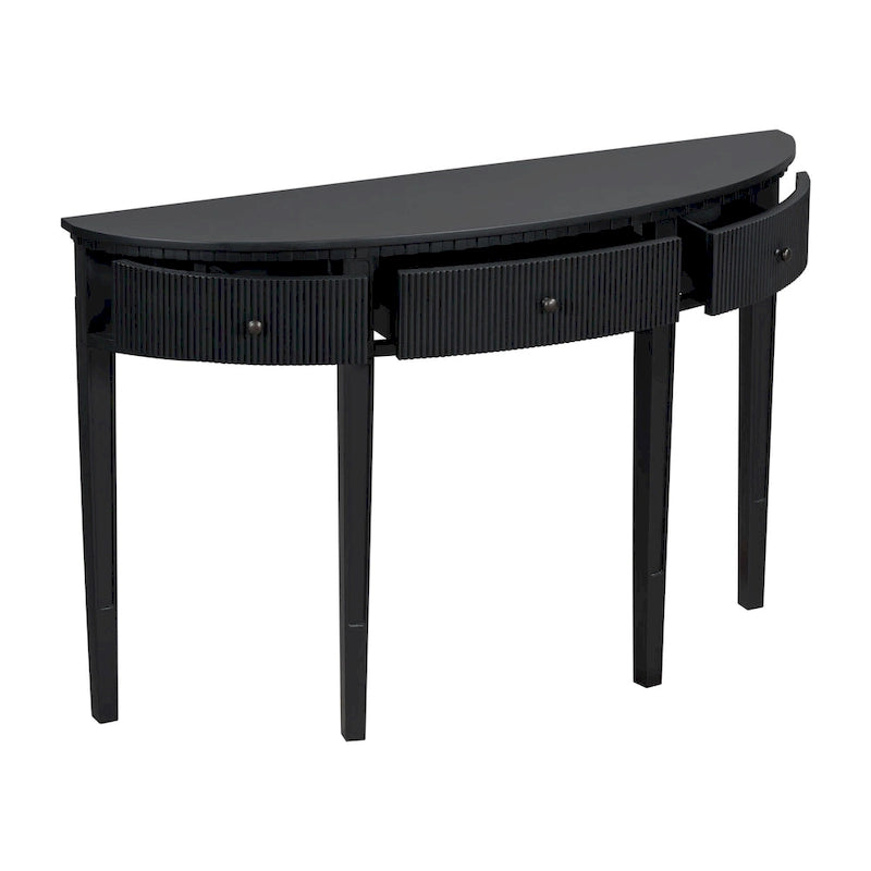 51.1 Mesa de consola curvada moderna con frentes de cajón de rayas verticales para entrada, pasillo, sala de estar