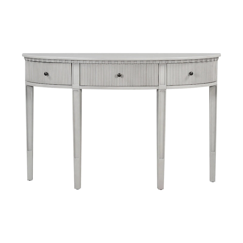 51.1 Mesa de consola curvada moderna con frentes de cajón de rayas verticales para entrada, pasillo, sala de estar