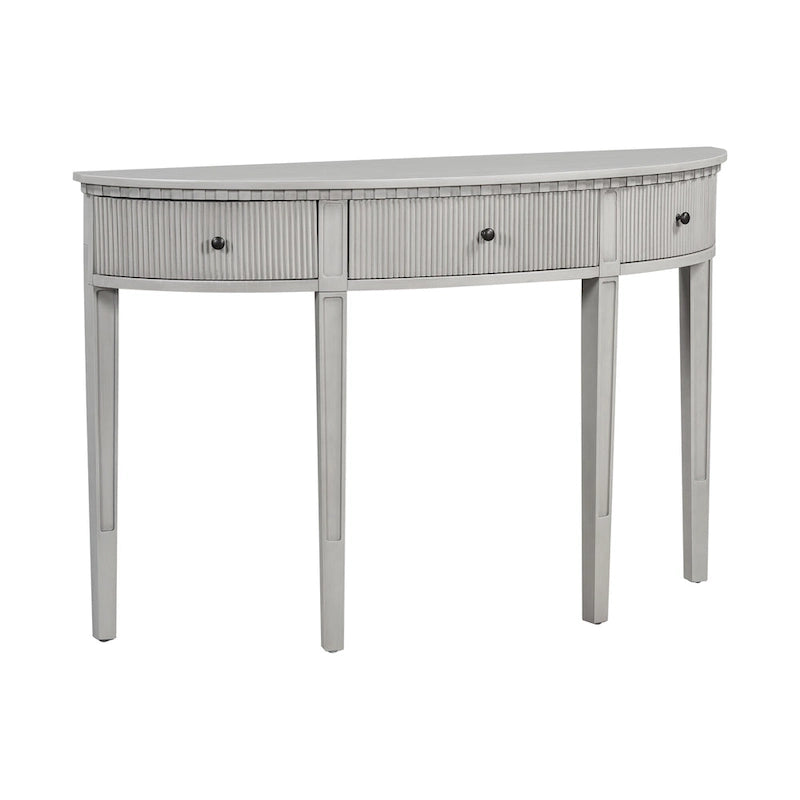 51.1 Mesa de consola curvada moderna con frentes de cajón de rayas verticales para entrada, pasillo, sala de estar