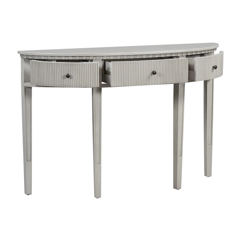 51.1 Mesa de consola curvada moderna con frentes de cajón de rayas verticales para entrada, pasillo, sala de estar