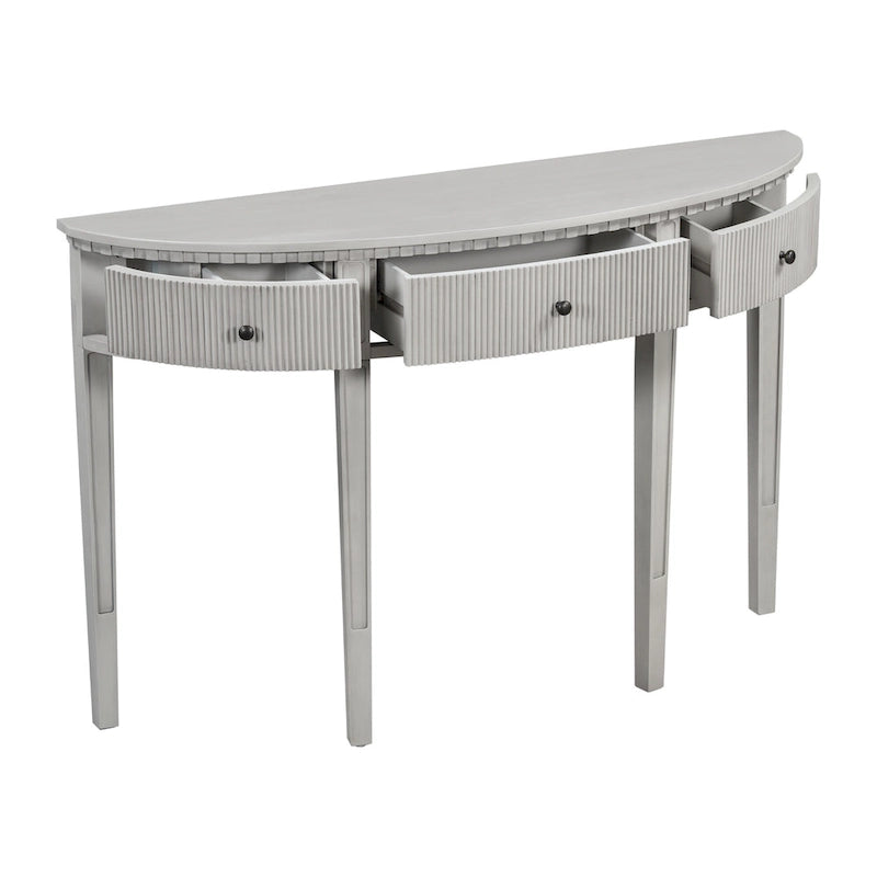 51.1 Mesa de consola curvada moderna con frentes de cajón de rayas verticales para entrada, pasillo, sala de estar