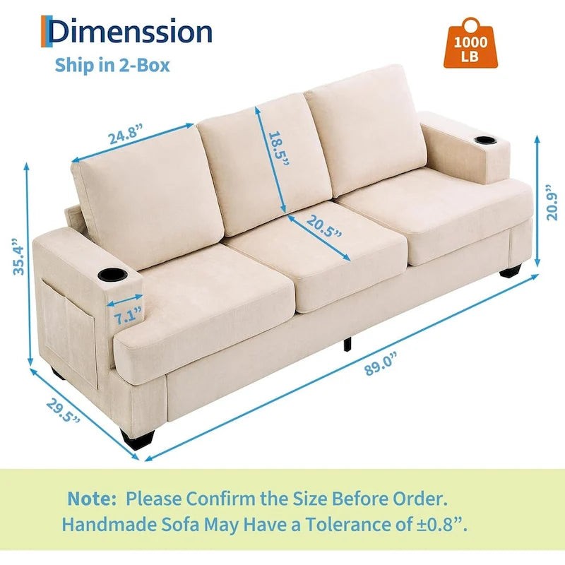 Sofá de 3 plazas 89, Sofá de asiento profundo, Sofás modernos y cómodos para sala de estar con portavasos