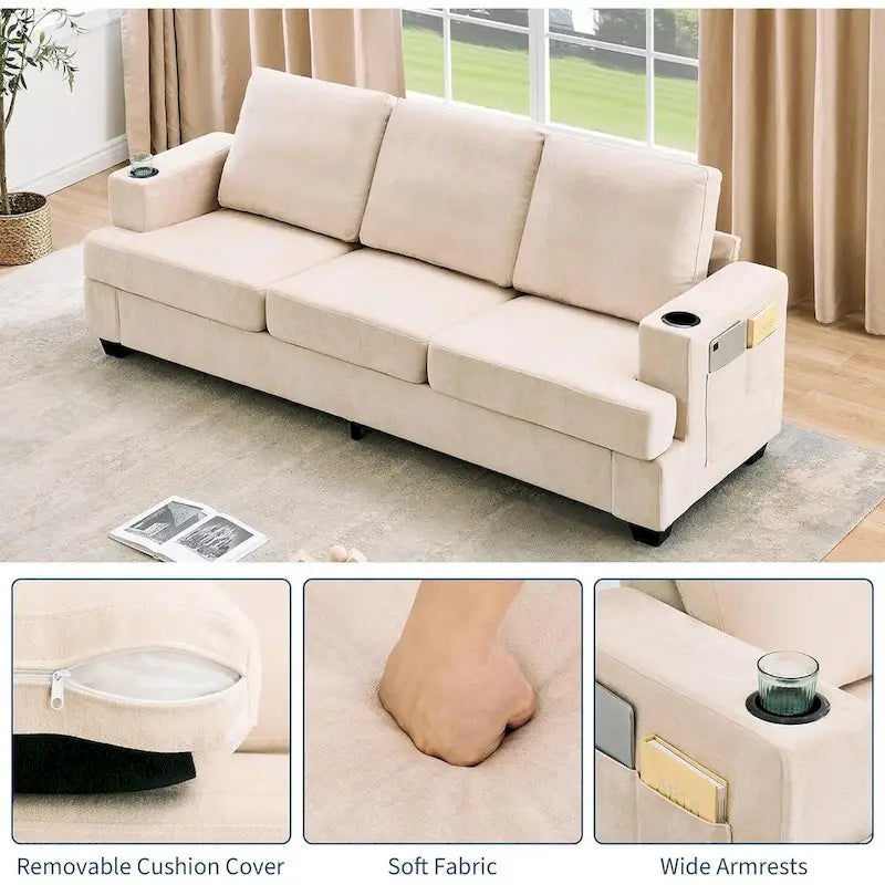 Sofá de 3 plazas 89, Sofá de asiento profundo, Sofás modernos y cómodos para sala de estar con portavasos