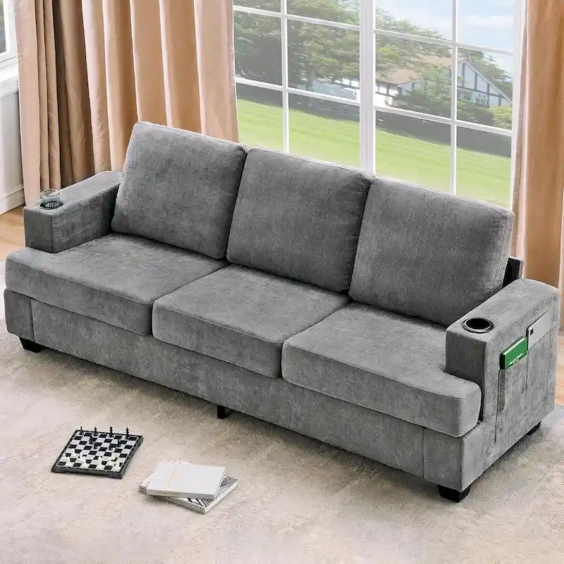 Sofá de 3 plazas 89, Sofá de asiento profundo, Sofás modernos y cómodos para sala de estar con portavasos