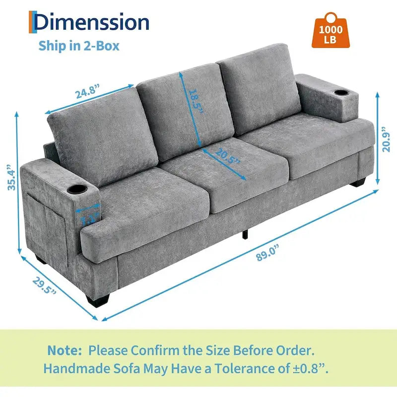Sofá de 3 plazas 89, Sofá de asiento profundo, Sofás modernos y cómodos para sala de estar con portavasos