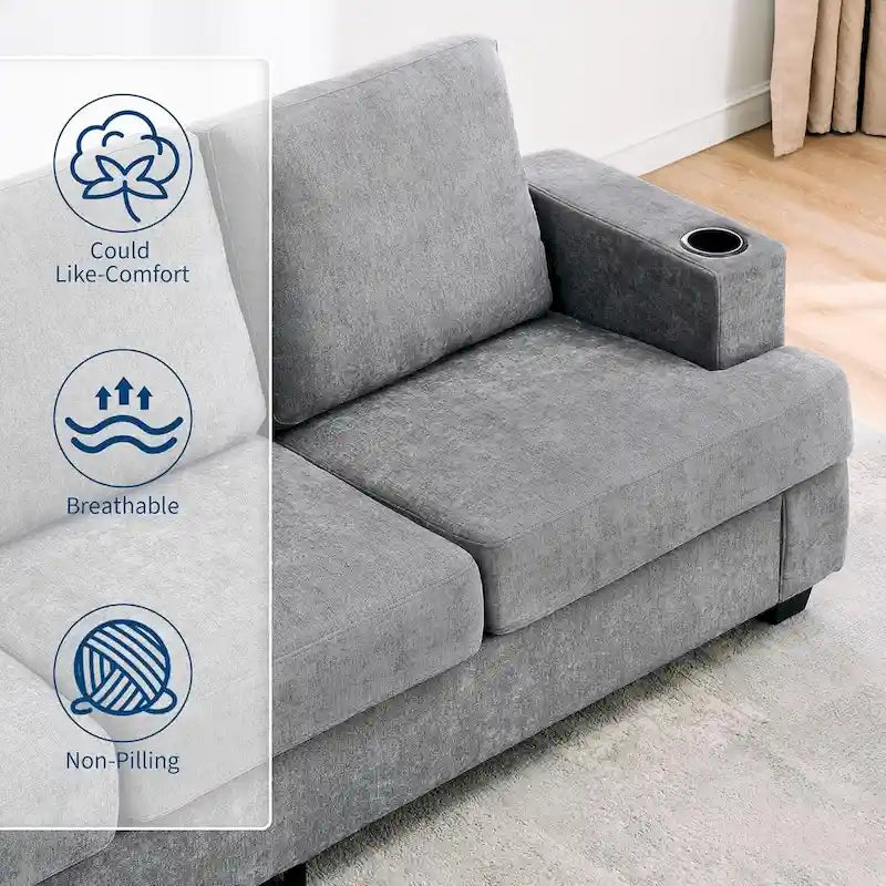 Sofá de 3 plazas 89, Sofá de asiento profundo, Sofás modernos y cómodos para sala de estar con portavasos