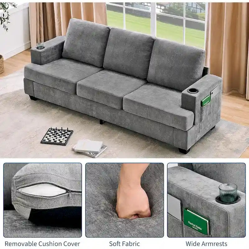 Sofá de 3 plazas 89, Sofá de asiento profundo, Sofás modernos y cómodos para sala de estar con portavasos